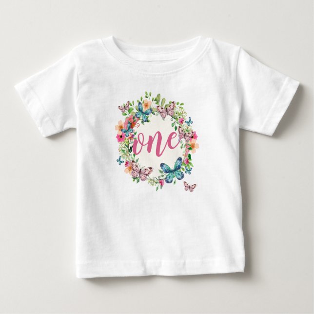 Elegant First Birthday Floral Wreath | Ruffle Tee (Front)
