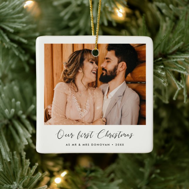 Elegant First Christmas as Husband and Wife photo Ceramic Ornament (Tree)