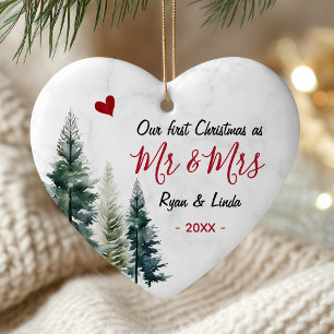 Elegant first Christmas as Mr and Mrs heart shaped Ceramic Tree Decoration