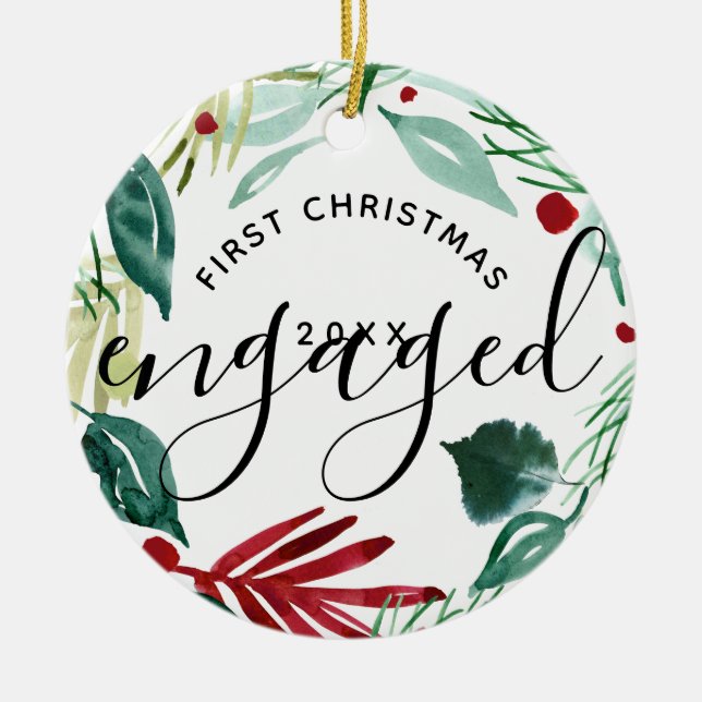 Elegant First Christmas Engaged Greenery Wreath Ceramic Tree Decoration (Front)