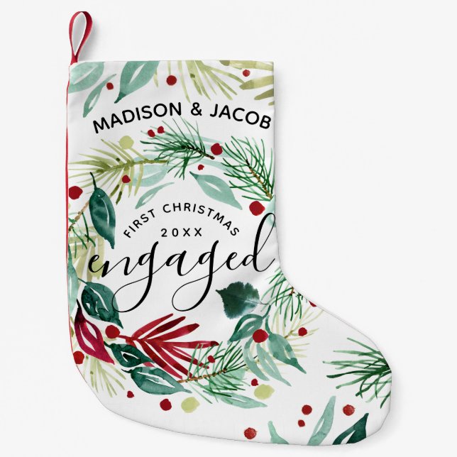 Elegant First Christmas Engaged Greenery Wreath Small Christmas Stocking (Front)