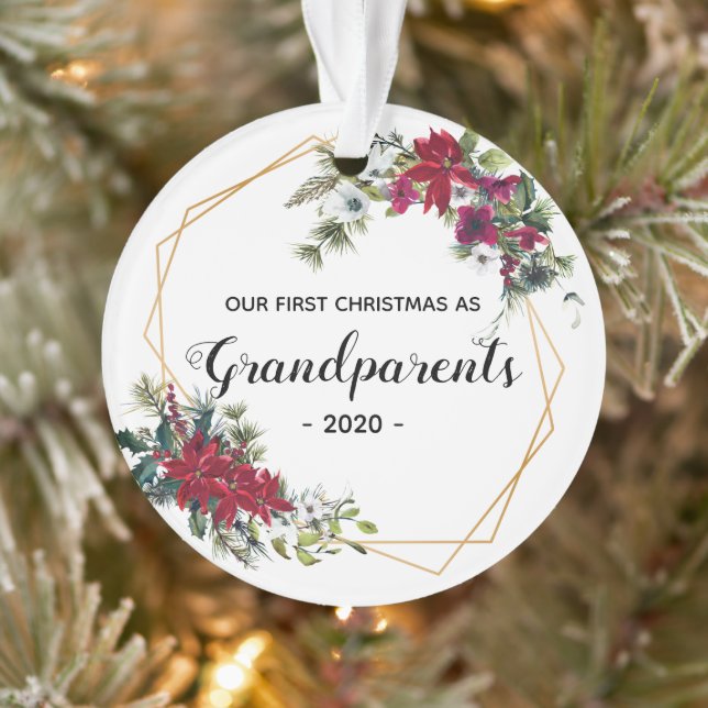 Elegant First Christmas Grandparents Photo Floral Ornament (Tree)