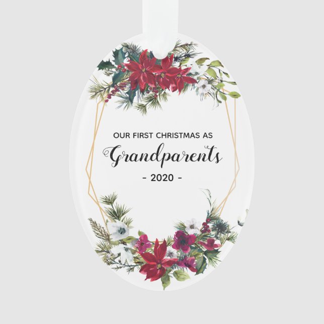 Elegant First Christmas Grandparents Photo Floral Ornament (Front)