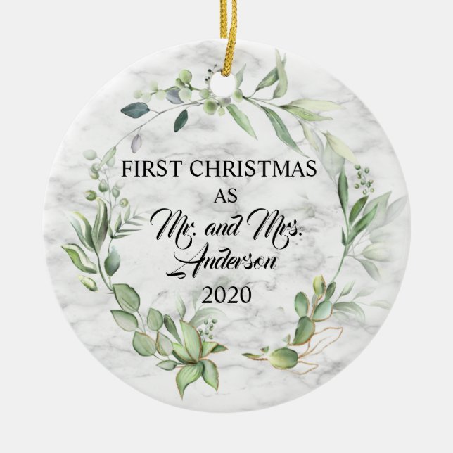 Elegant First Christmas Married Greenery Marble Ceramic Tree Decoration (Front)