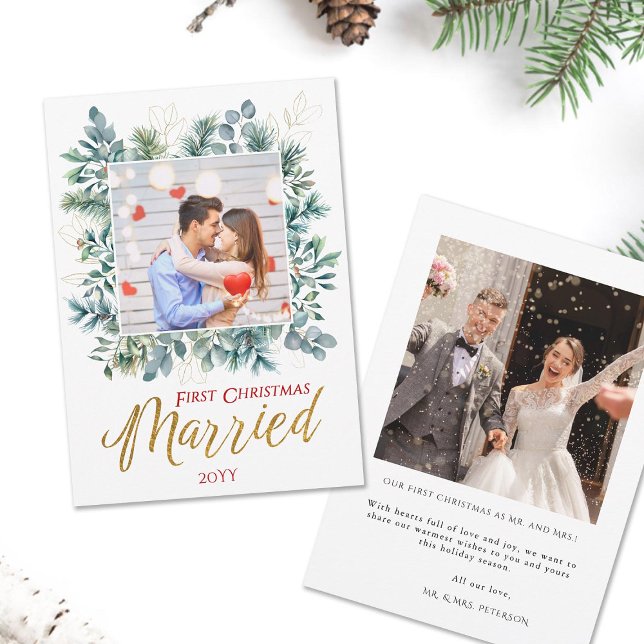 Elegant First Christmas Married Newlyweds Photo Holiday Card (first christmas married newlyweds couple holidays card elegant botanical square frame gold green red)