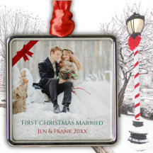 Elegant First Christmas Married Photo Ornament