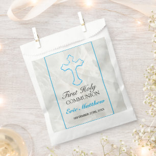 Elegant First Communion Blue Cross with Marble Favour Bags