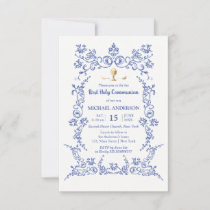 Elegant First Communion gold calice victorian blue Invitation