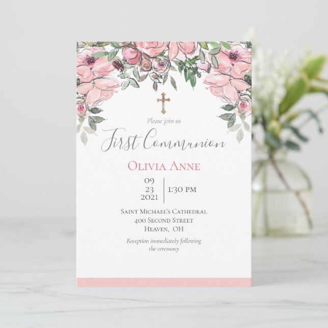 Elegant First Communion Pink Floral Name Invitation (Standing Front)
