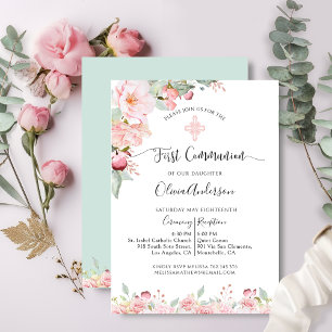 Elegant First Communion Rose Gold, Mint Floral Invitation