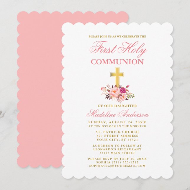 Elegant First Communion Watercolor Floral Pink Invitation (Front/Back)
