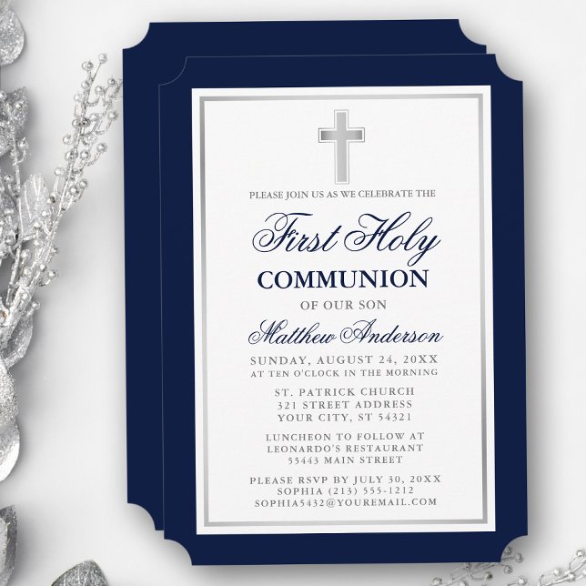 Elegant First Holy Communion Blue and Silver Invitation (Customize to change text size, style, color or to add more text or photos to back of card.)