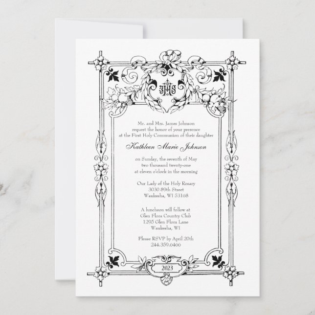 Elegant First Holy Communion Catholic  Invitation (Front)