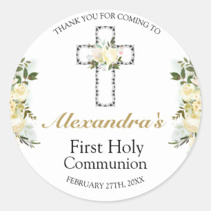 Elegant First Holy Communion Floral Cross Classic Round Sticker