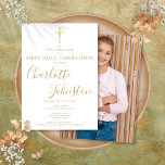Elegant First Holy Communion Gold Signature Photo Save The Date<br><div class="desc">Elegant First Holy Communion gold signature save the date invitation featuring an elegant golden script signature name and special photo on the reverse. Personalise with your special event information in chic gold lettering on this gender-neutral design. Designed by Thisisnotme©</div>