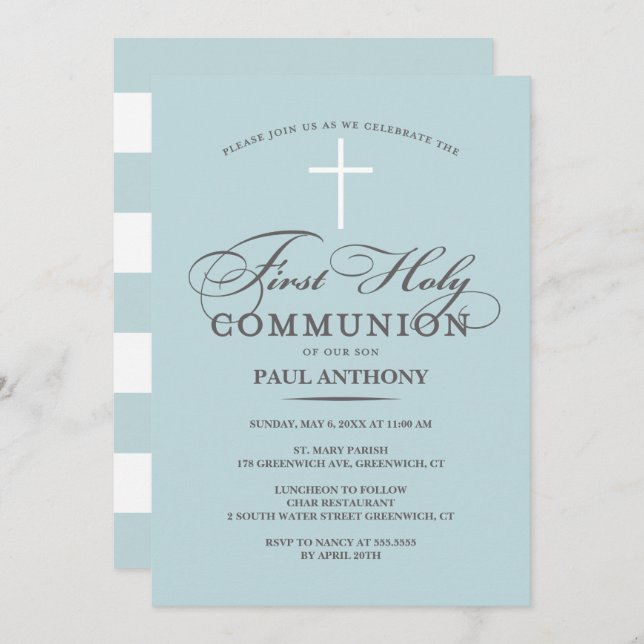 Elegant First Holy Communion Invitation Light Blue (Front/Back)