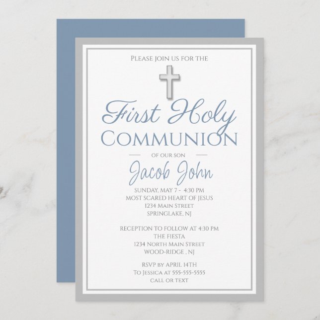 Elegant First Holy Communion Invites for Boys (Front/Back)