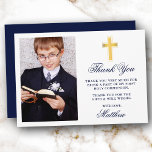 Elegant First Holy Communion Photo Blue Gold Thank You Card<br><div class="desc">Elegant First Holy Communion Thank You Card with Gold Cross. Photo Front. Navy Blue Script.</div>