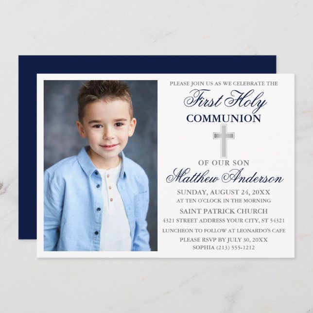 Elegant First Holy Communion Photo Blue Silver Invitation (Front/Back)