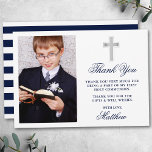 Elegant First Holy Communion Photo Blue Stripes Thank You Card<br><div class="desc">Elegant First Holy Communion Thank You Card with Silver Cross. Photo Front. Navy Blue Script. Blue & White Striped Back.</div>