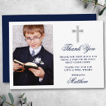 Elegant First Holy Communion Photo Blue Thank You Card<br><div class="desc">Elegant First Holy Communion Thank You Card with Silver Cross. Photo Front. Navy Blue Script.</div>