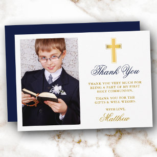 Elegant First Holy Communion Photo Gold Blue Thank You Card