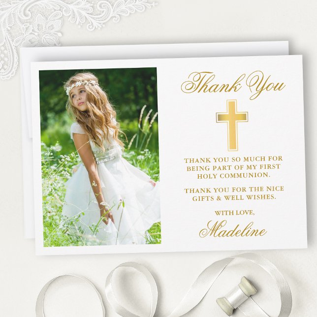 Elegant First Holy Communion Photo Gold Thank You Card (Customize to change text size, style, color or to add more text or photos to back of card.)