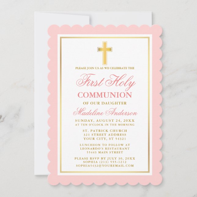 Elegant First Holy Communion Pink and Gold Invitation (Front)