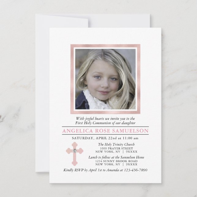 Elegant First Holy COMMUNION Pink Girl | PHOTO Invitation (Front)