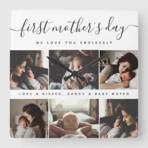 Elegant First Mother's Day Custom Photo Collage Square Wall Clock