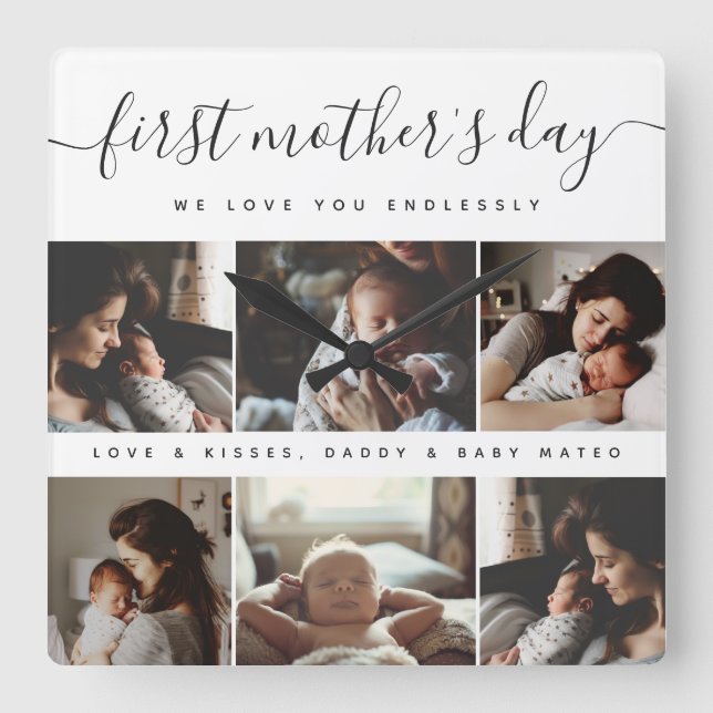 Elegant First Mother's Day Custom Photo Collage Square Wall Clock (Front)