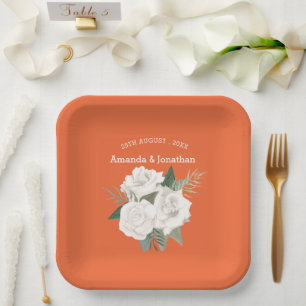 Elegant Flaming Orange & White Roses Wedding Paper Plate