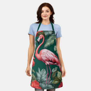 Elegant Flamingo Hibiscus Flowers Emerald Green Apron
