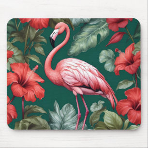 Elegant Flamingo Hibiscus Flowers Emerald Green Mouse Pad