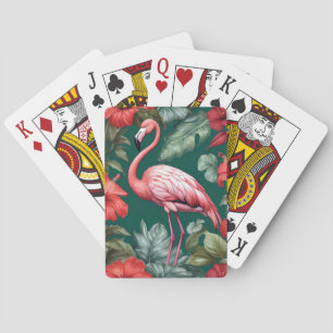 Elegant Flamingo Hibiscus Flowers Emerald Green Playing Cards