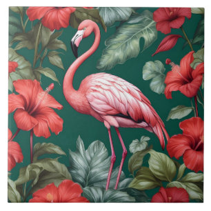Elegant Flamingo Hibiscus Flowers Emerald Green Tile