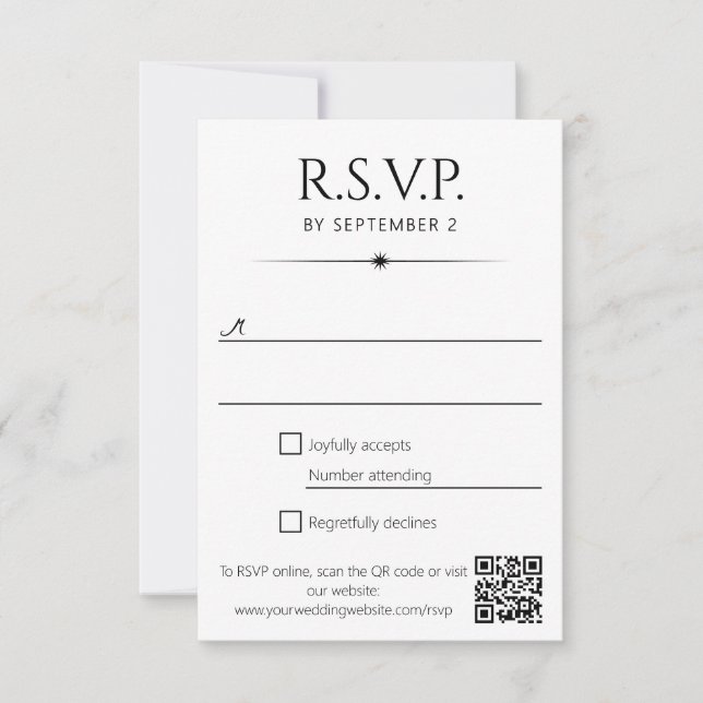 Elegant Flare Black White QR Code Wedding RSVP Card (Front)