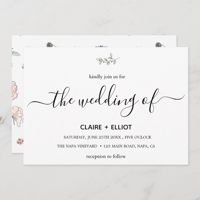 Elegant Flat Modern Botanical Green Twig Wedding Invitation (Front/Back)