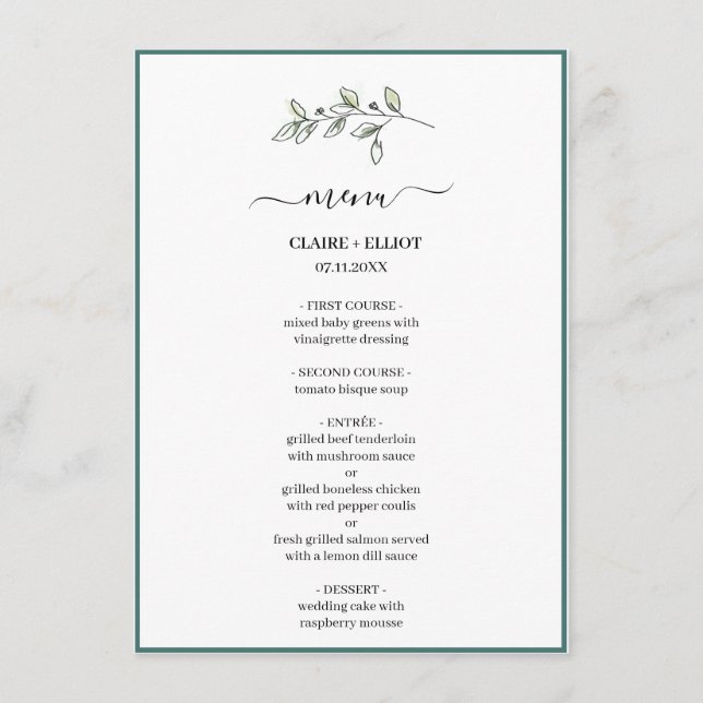 Elegant Flat Modern Botanical Green Weddin Menu (Front)