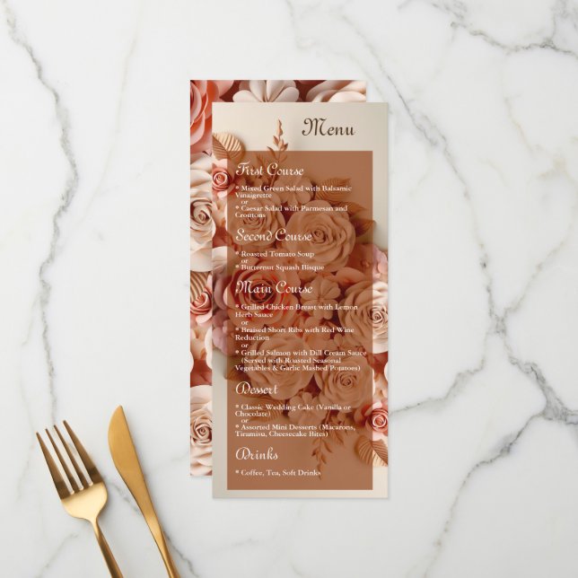 Elegant Flat Wedding Menu with flowers 3D (Front/Back In Situ)