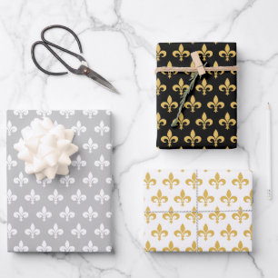 Elegant Fleur de Lis on Black Grey & White Wrapping Paper Sheet