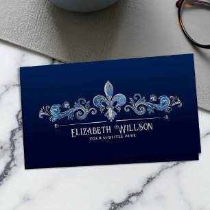 Elegant Fleur-de-lis Pearl and Blue marble Business Card