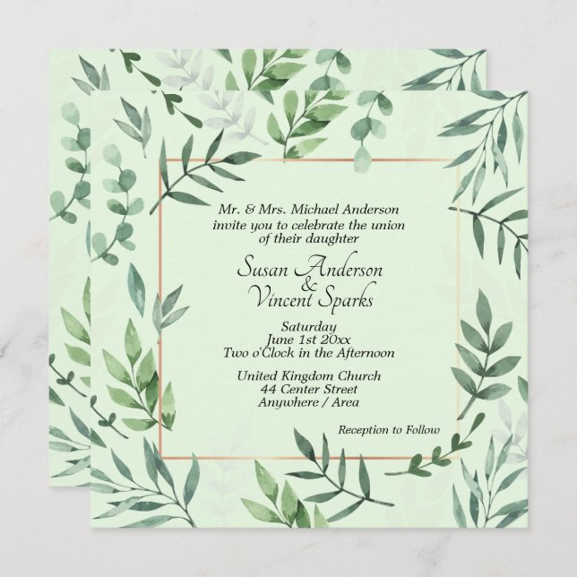 Elegant Flora and Fauna Frame Green Wedding Invitation (Front/Back)