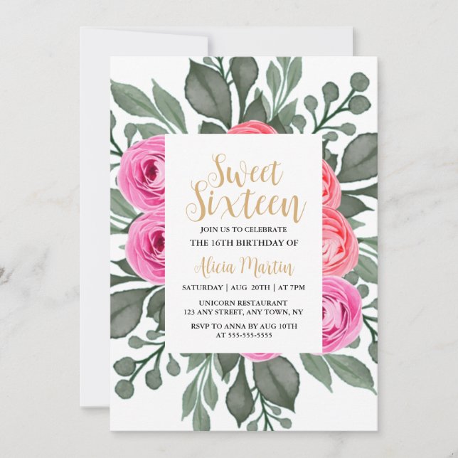 Elegant Flora Dusty Pink Rose Gold Sweet Sixteen Invitation (Front)