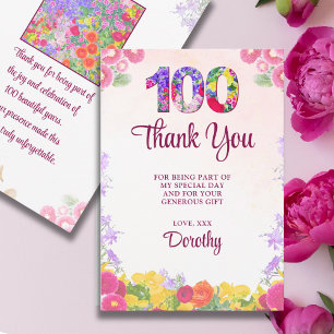 Elegant Floral 100th Birthday Party / 100 Years Thank You Card