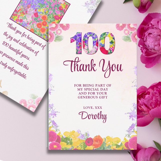 Elegant Floral 100th Birthday Party / 100 Years Thank You Card (Creator Uploaded)