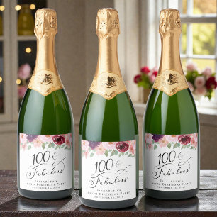Elegant Floral 100th Birthday Party Sparkling Wine Label