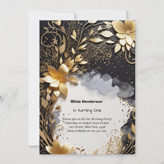 Elegant Floral 1st Birthday Invitation (Front)