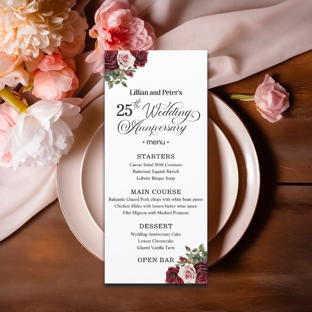 Elegant Floral 25th Wedding Anniversary Menu (Creator Uploaded)
