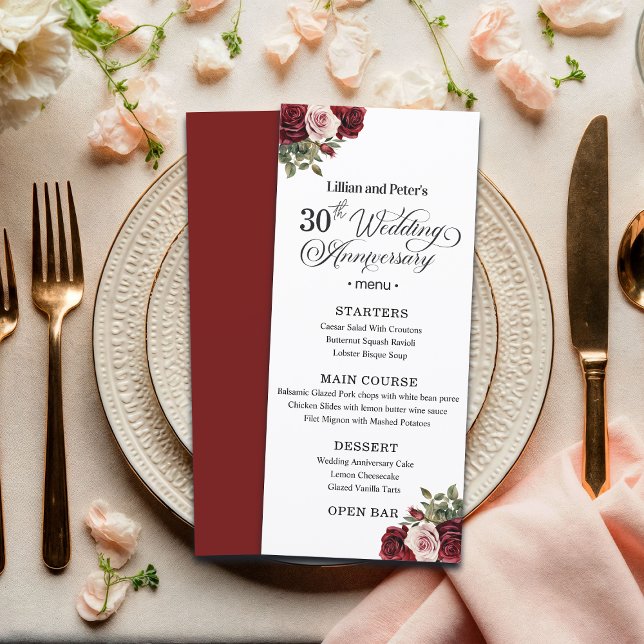 Elegant Floral 30th Wedding Anniversary Menu (Creator Uploaded)
